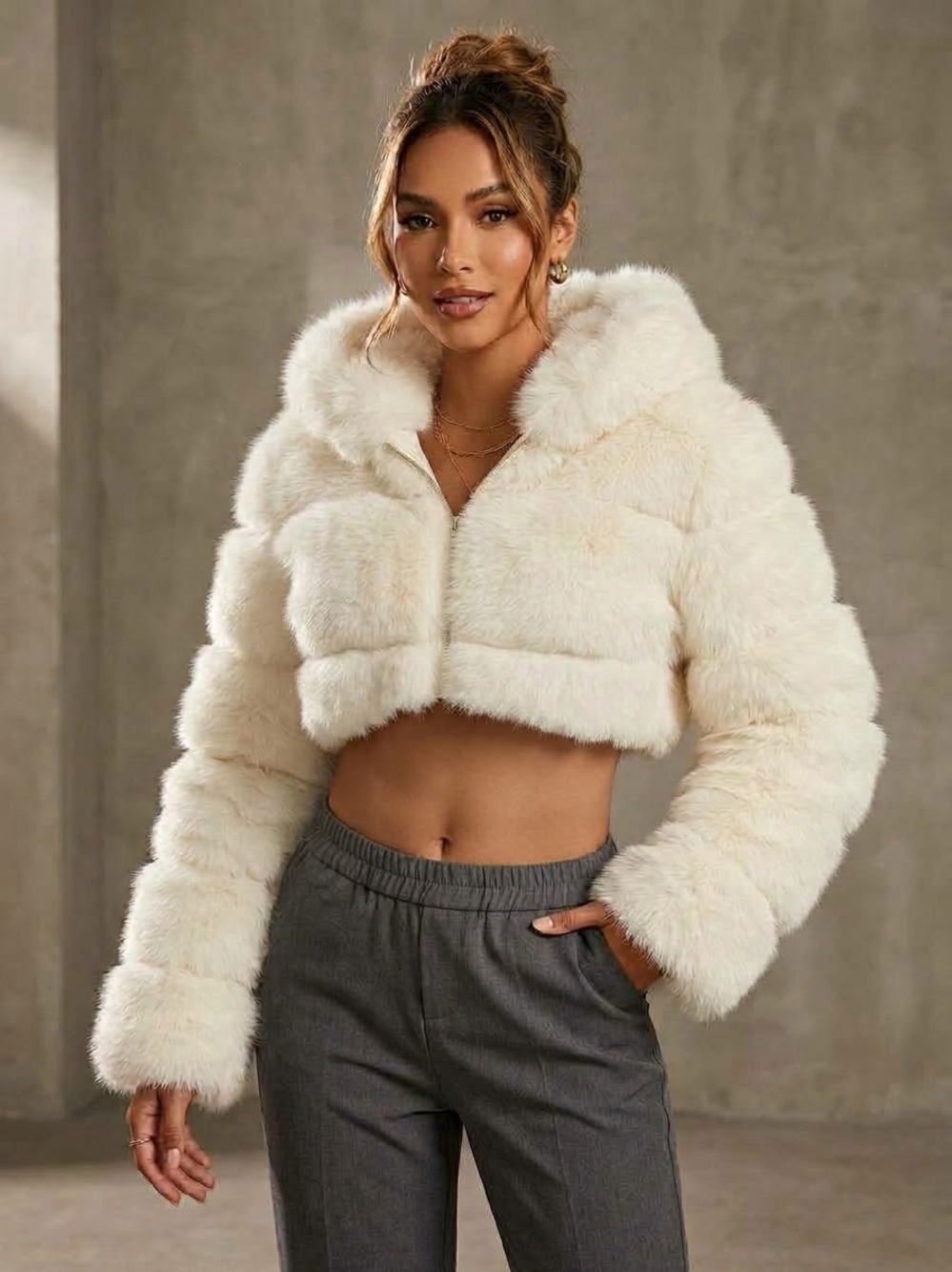 Philosophy Cropped Faux Fur Jacket in Cream